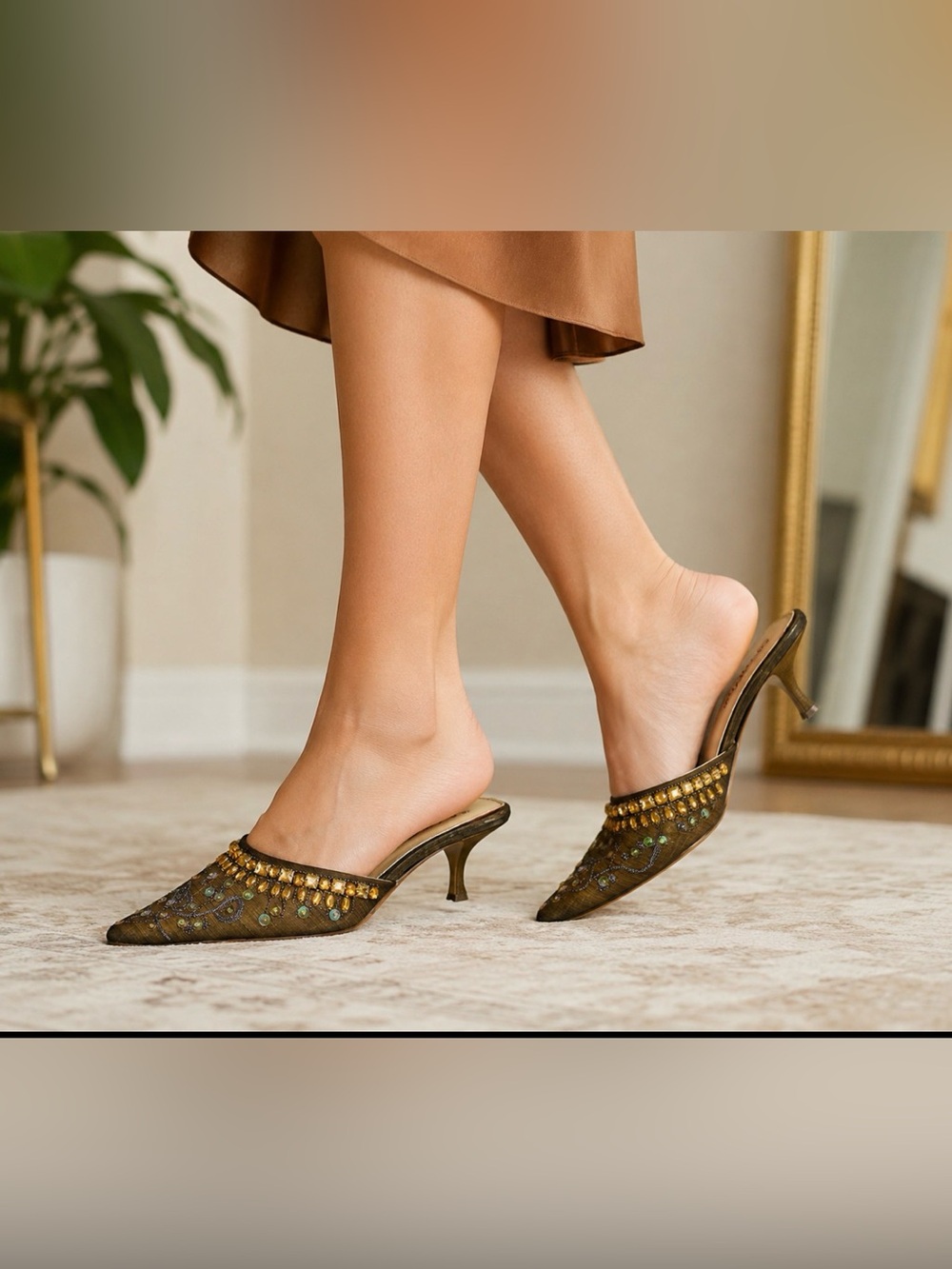 MAXRED Embellished Kitten Heel Mules - Brown w gold crystal and sequins